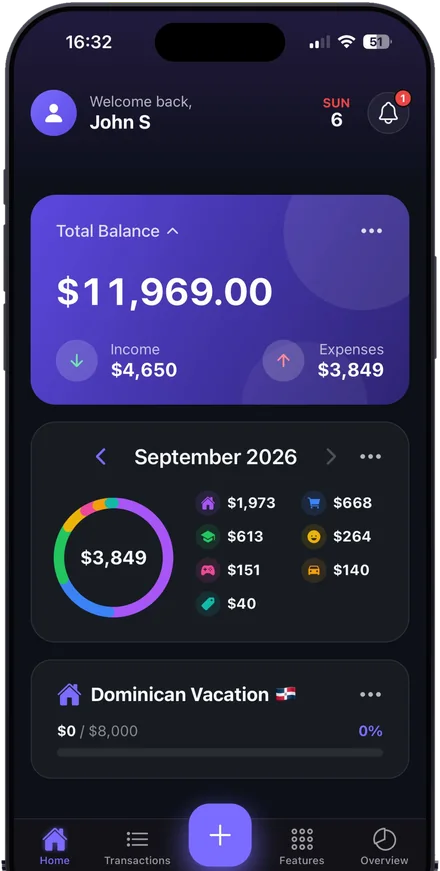 Family Spend home screen with total balance, this month's income and expenses, a spending breakdown by category and a savings goal.