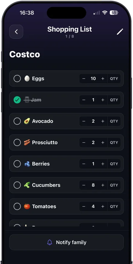 Shared shopping list for Costco with quantities, one item checked off and a Notify family button.