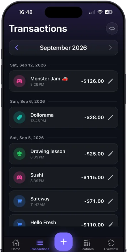 Transactions screen for September listing expenses by day with category icons and amounts.